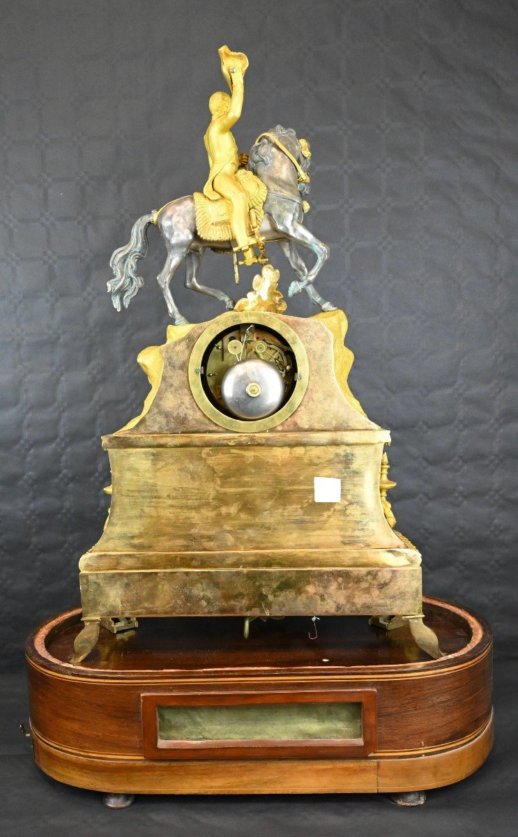 Orologio Da Tavolo Con Napoleone, Base in Legno Intarsiata e Campana Originale - XIX Secolo-photo-4